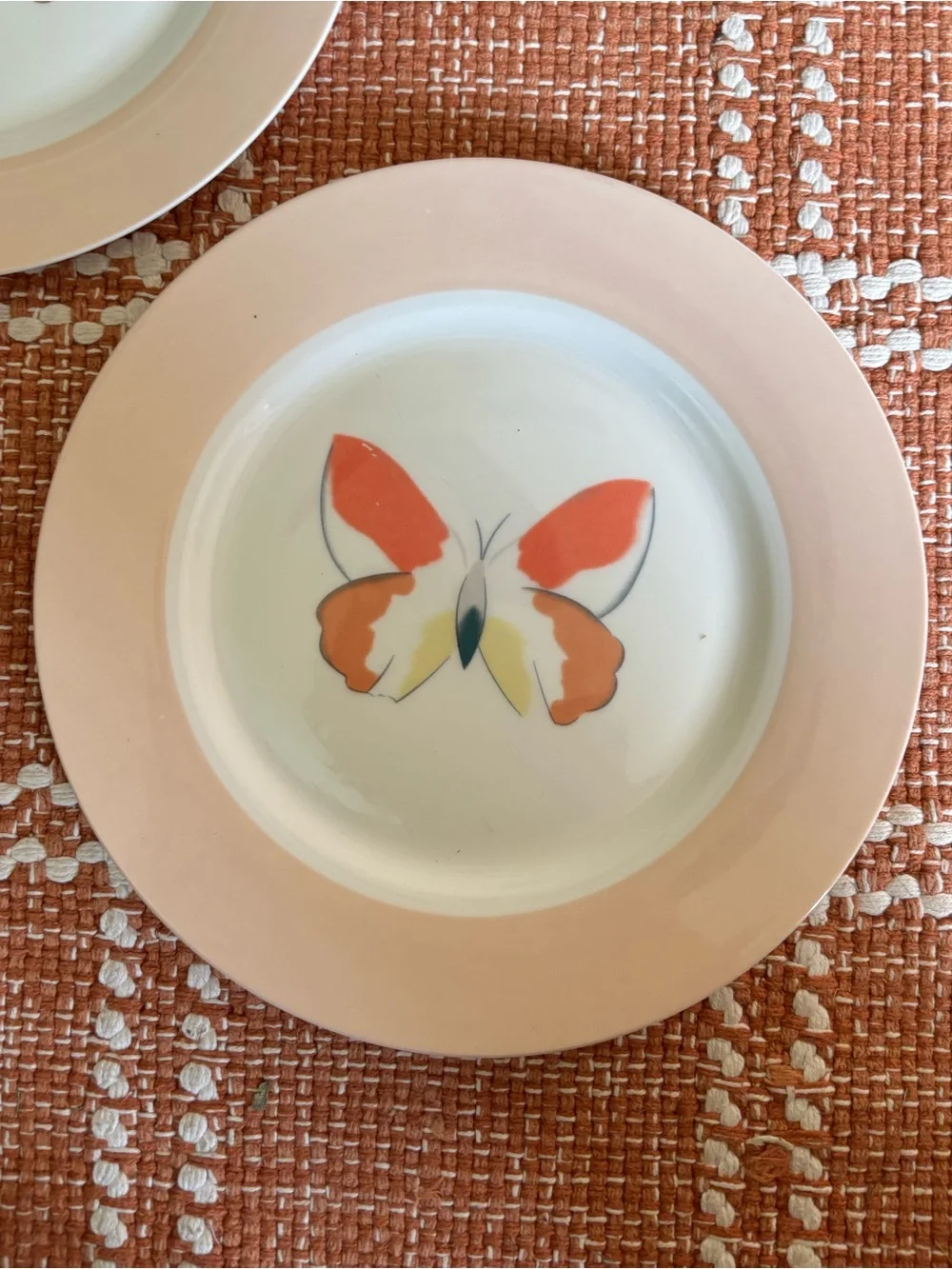 Set of 3 Lynn’s Farfalla Pink Rim Orange Butterfly Dinner Plates Size 10.5”D
